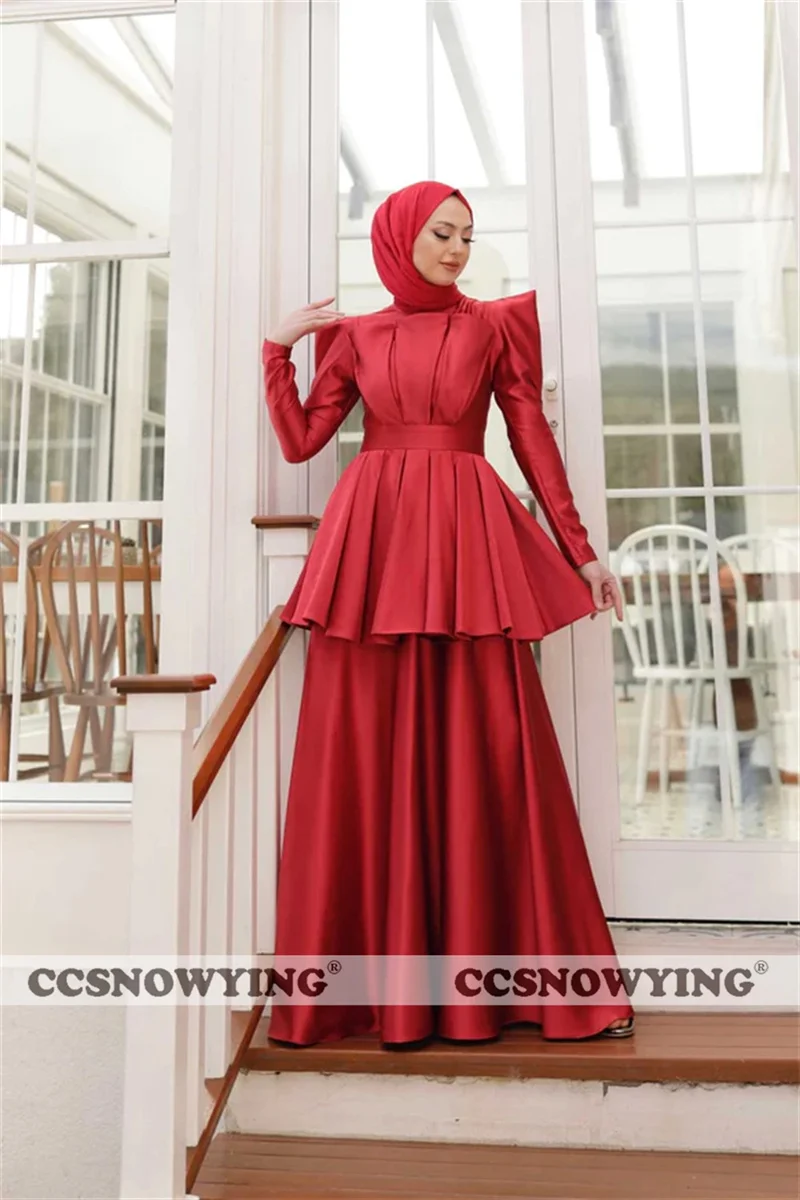 Fashion Satin Muslim Evening Dresses Long Sleeve High Neck Hijab Women Formal Party Gown Arabic Dubai Islamic Robe De Soiree