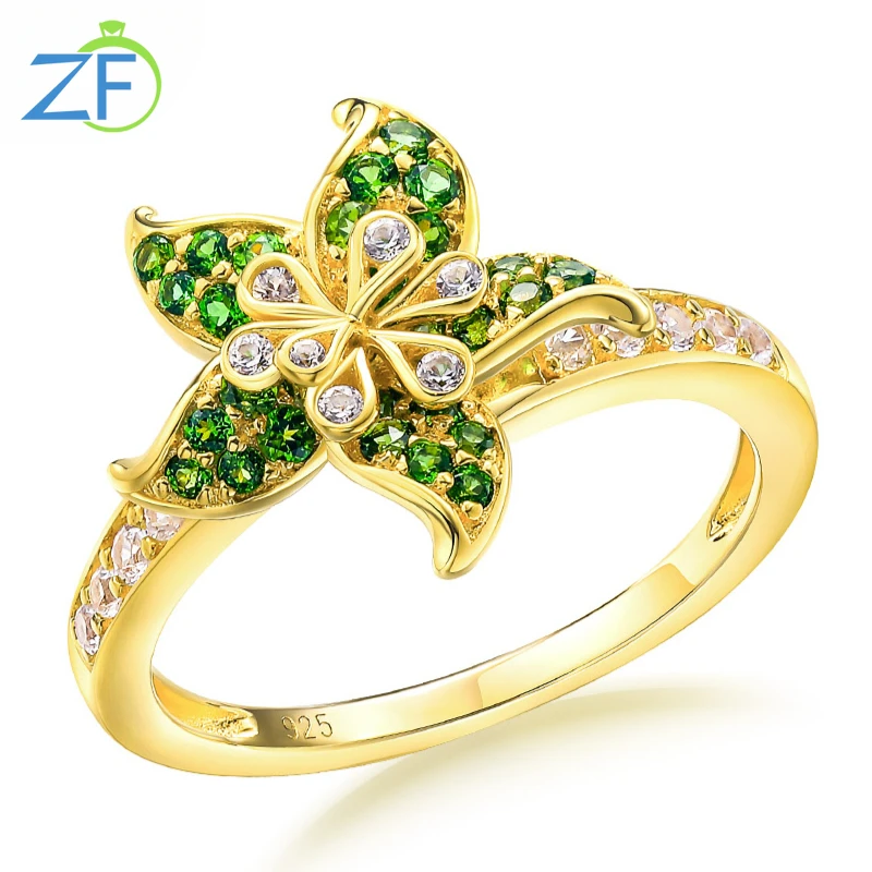 GZ ZONGFA Genuine 925 Sterling Silver Flower Pendant Ring for women Natural Diopside 14K Gold Plated Trendy Fine Jewelry