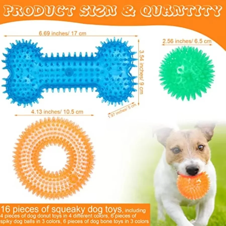 FurStar16 Pcs Dog Squeaky Toys Bulk Set Spiky Dogs Donut Bone Teething Toys Squeaky Balls TPR Rubber Toss Fetch For Puppy Small