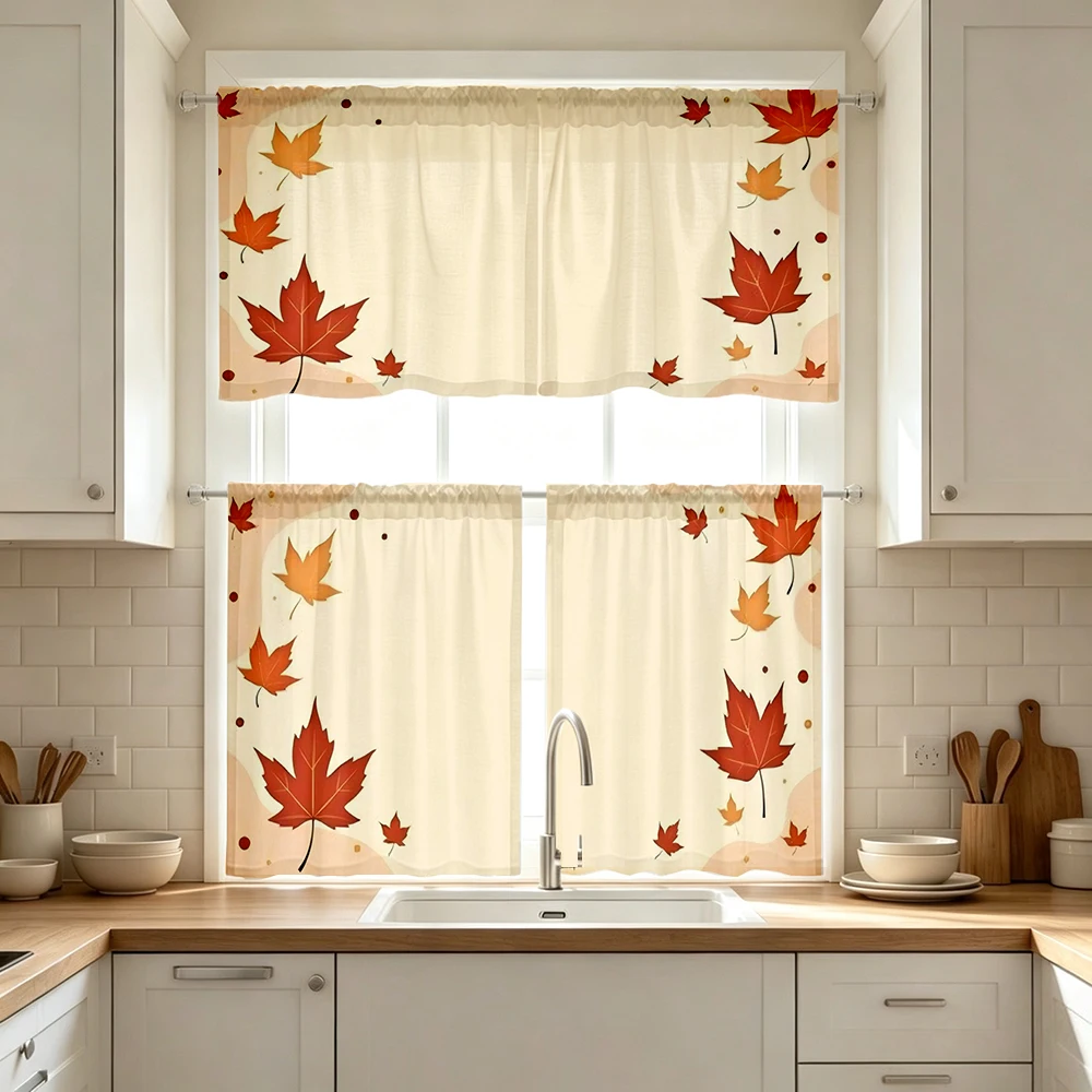 Fall Kitchen Curtains, Red Orange Maple Leaf Corner, Digital Print, Kitchen Dining Room, Rod Pocket Polyester, Home Decor
