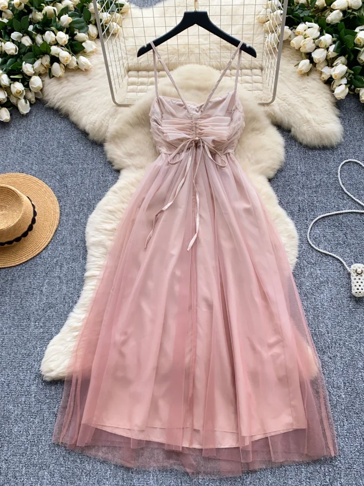 New France Sweet Elegant Prom Halter Dress Women Pink Gradient Sleeveless High Waist Slim Dress Female Backless Holiday Party