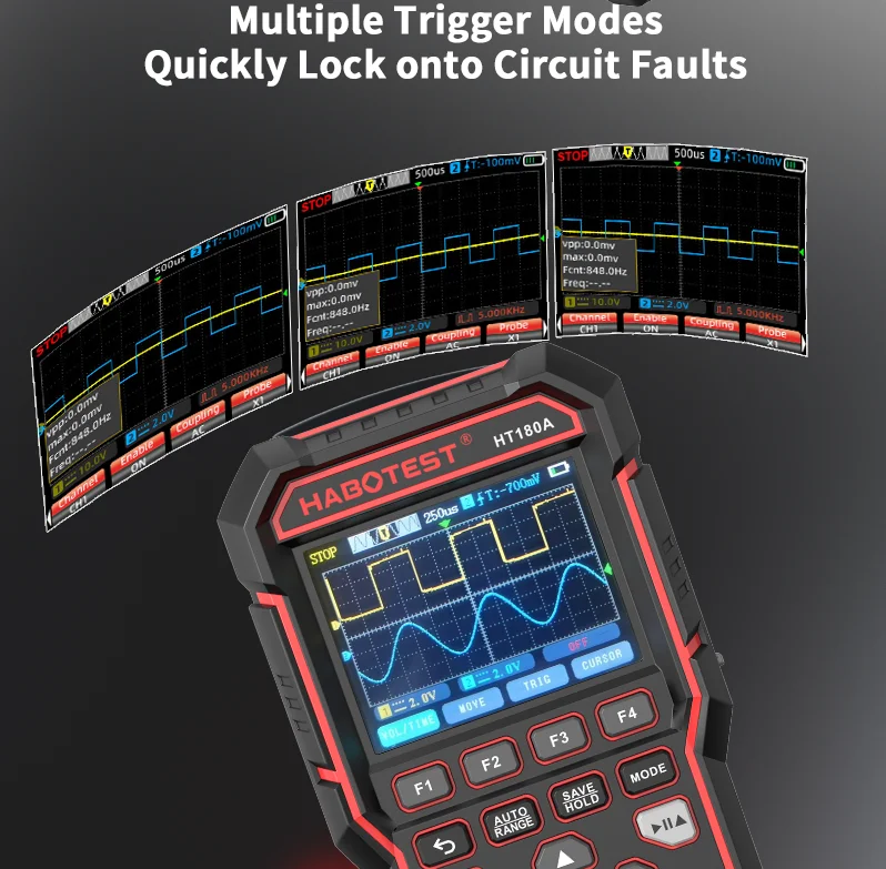 HABOTEST HT180A 3-in-1 Smart Handheld Oscilloscope: 50 MHz, Dual-Channel, Multimeter, Signal Generator, Waveform Storage