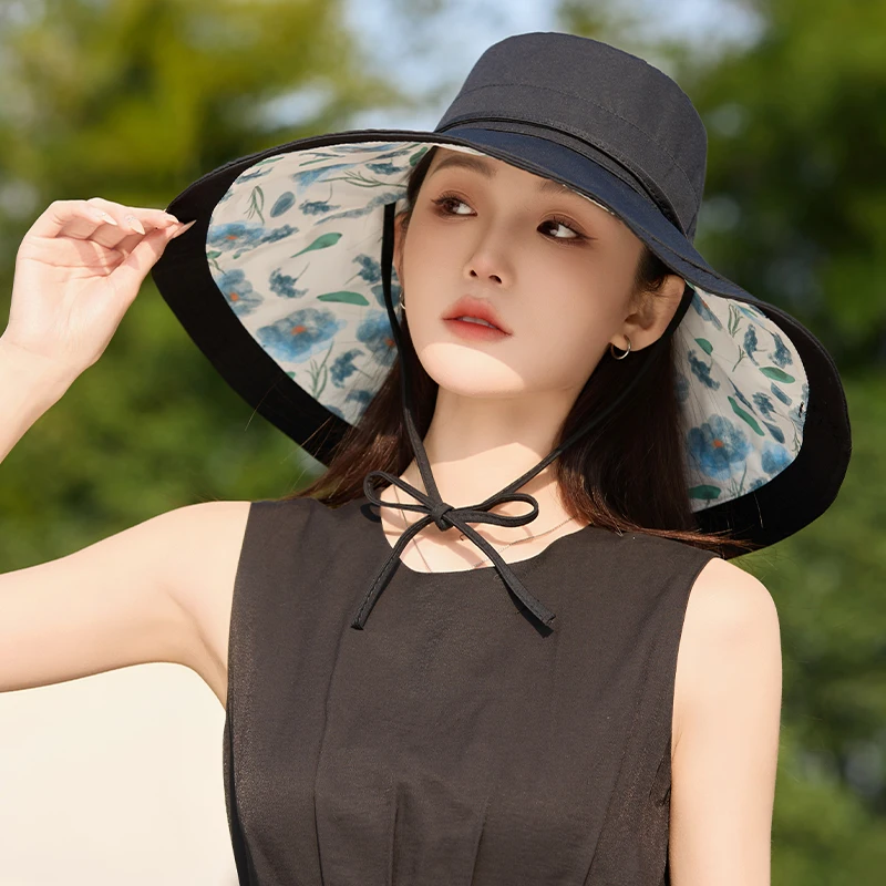 Reversible Floral Wide Brim Sun Hat Women Summer UV Protection 17cm Super Large Brim Face Covering Bucket Hat Outdoor Beach Cap