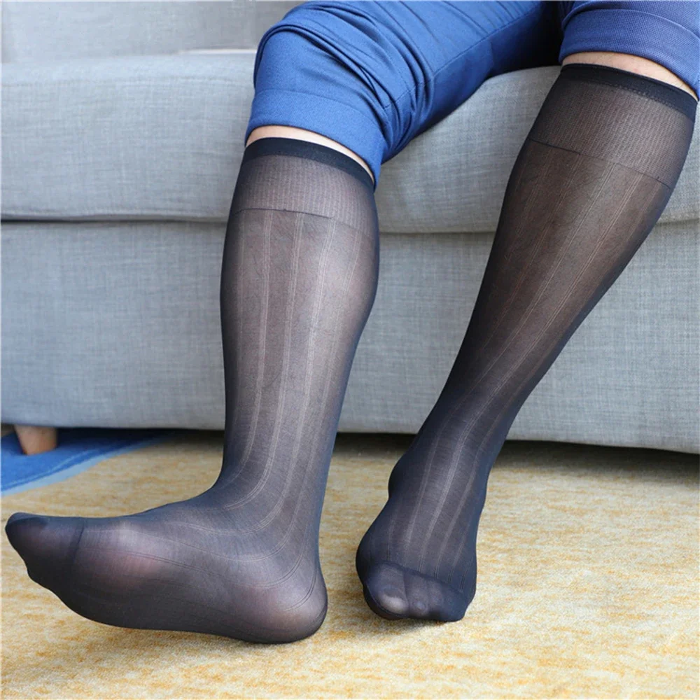 Calf Socks Men Socks Sexy Silk Socks Stockings Knee Length Lightweight Long Stripes Men Transparent Breathable