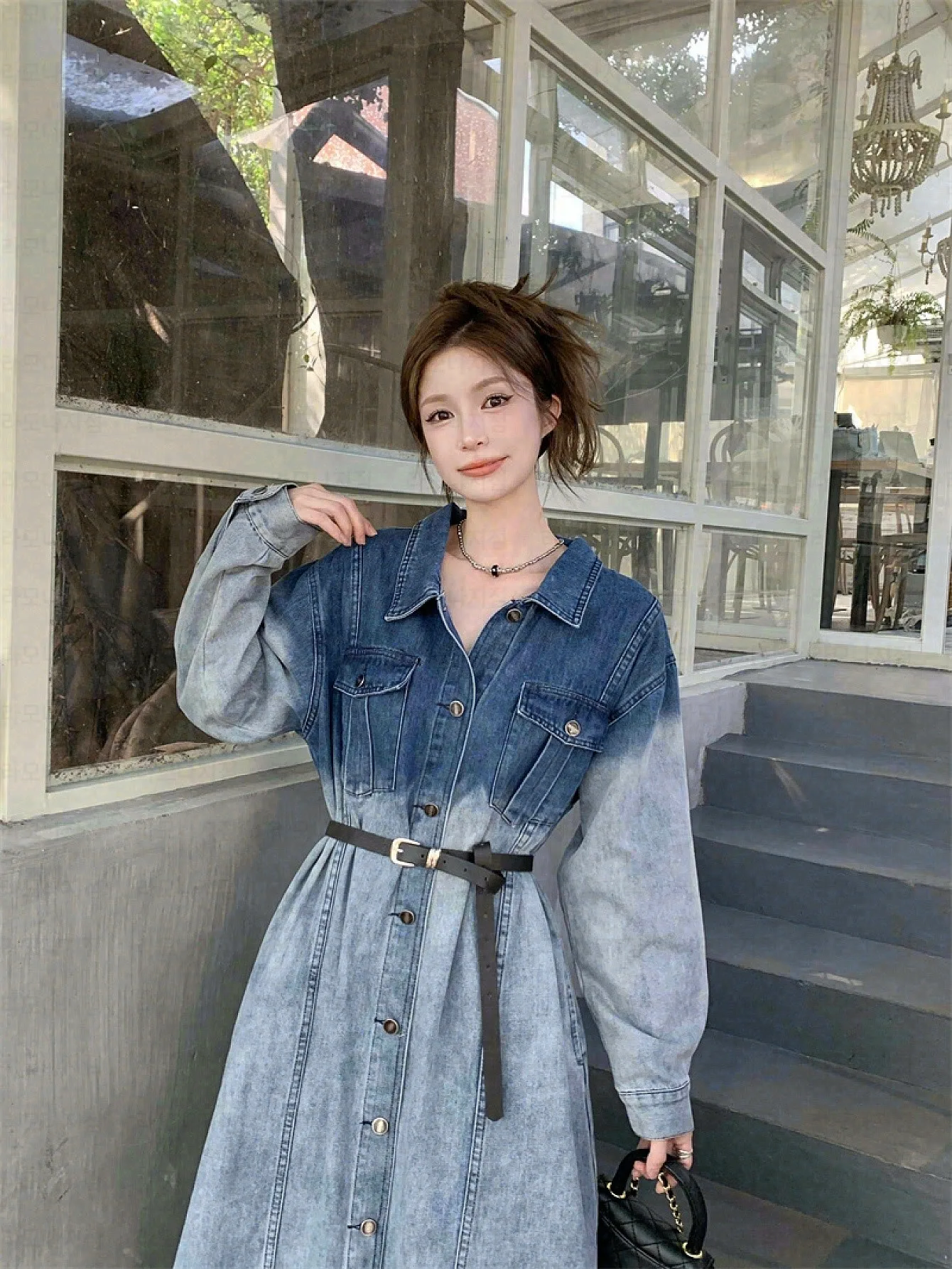 Washed Denim Dress Plus Size Blue Gradient Tie-Dye Loose Lazy Long-Sleeved Shirt Collar Fat Girl Fat Cover-Up Women's Spring and Autumn