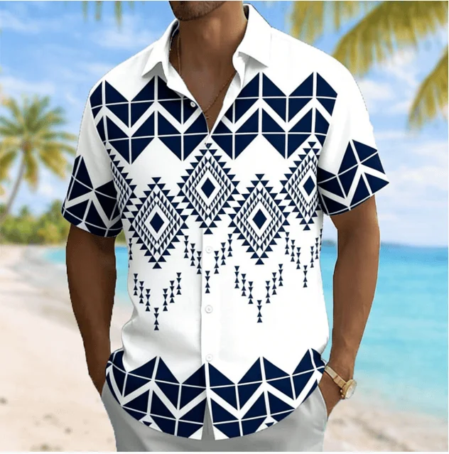 

Men's Geometric Diamond Tribal Print Short Sleeve Shirt, Spring Summer Casual Vacation Turn-Down Collar Blouse, Loose Fit Top