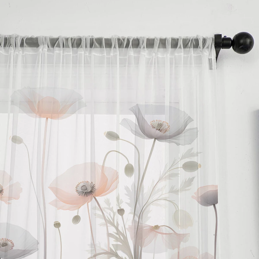 2PCS Digital Print Sheer Curtains, Light Color Poppy Flowers, Soft Delicate Floral Meadow for Bedroom Living Room Home Decor - view 6