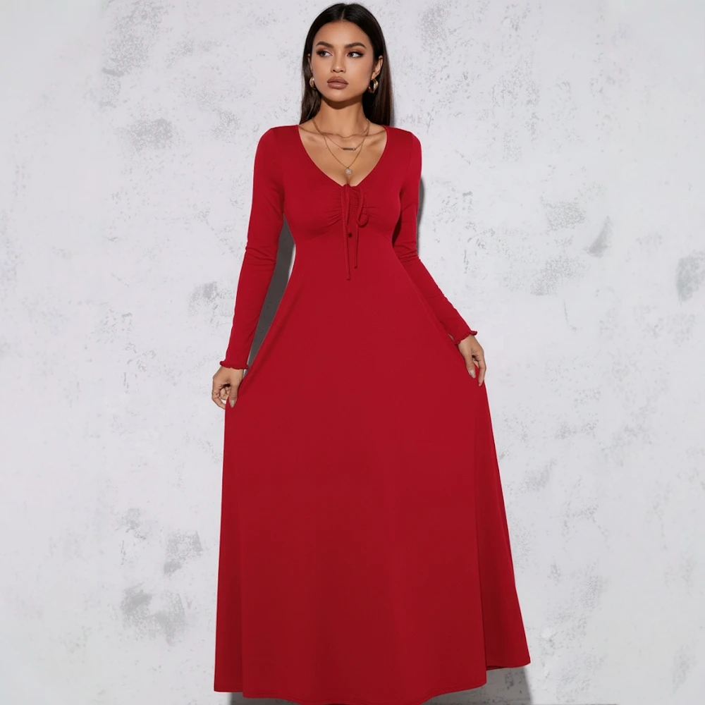 Lässiges mittellanges A-Linien-Kleid, eng anliegend, V-Ausschnitt, gerade Ärmel, Herbst- und Winterkleidung, Damenmode-Stil