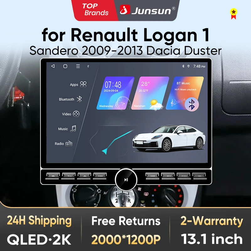 Junsun 13.1″ QLED Radio de voiture sans fil CarPlay Android Auto pour Renault Logan 1 Sandero 1 Dacia Duster 2009-2013 DSP SWC RDS GPS