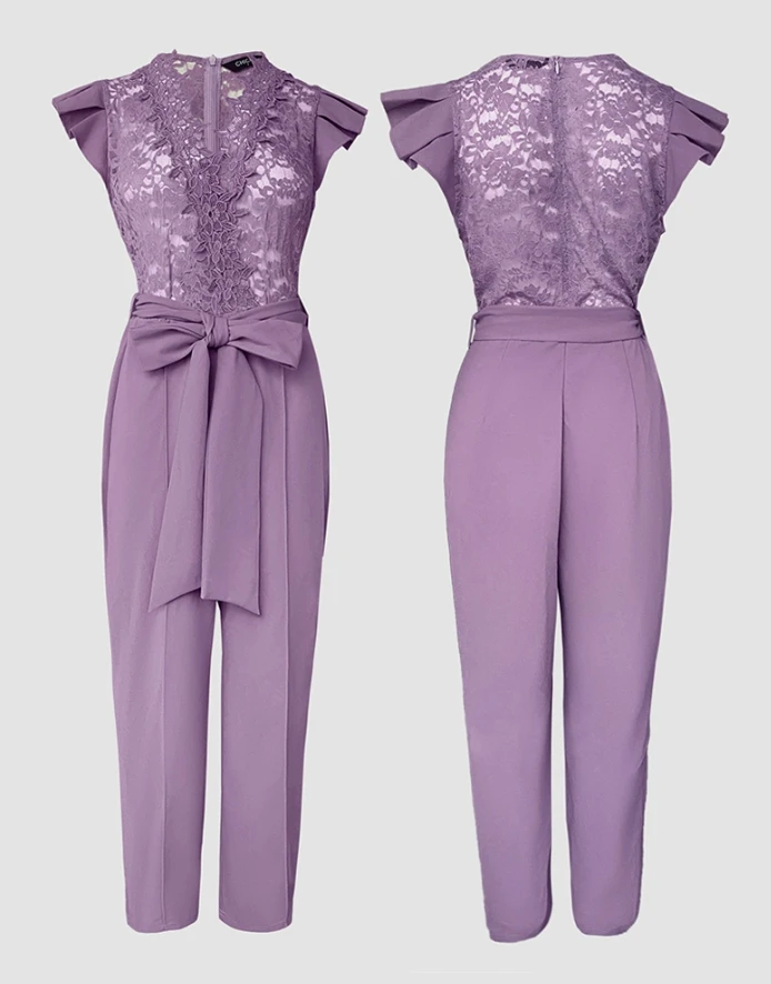 Jumpsuit V Neck Scallop Trim Sleeve Lace Patchwork Bow Tie Waist Jumpsuit Casual Seam Front Zipper Back Wide Leg Jumpsuit