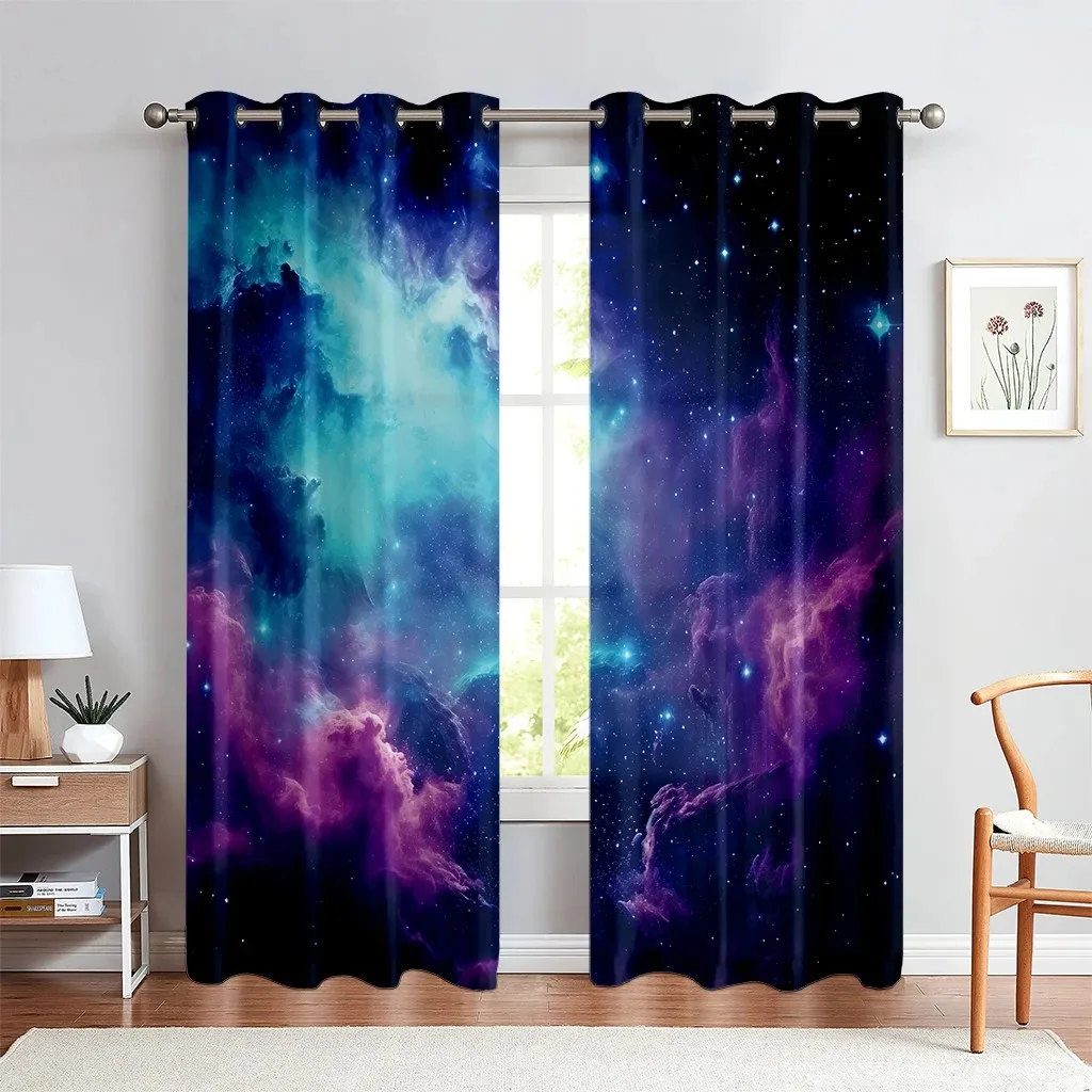 3D Cheap Blue Stars Galaxy Space Psychedelic Starry Sky 2 Pieces Shading Window Curtains for Living Room Bedroom Home Decor Hook