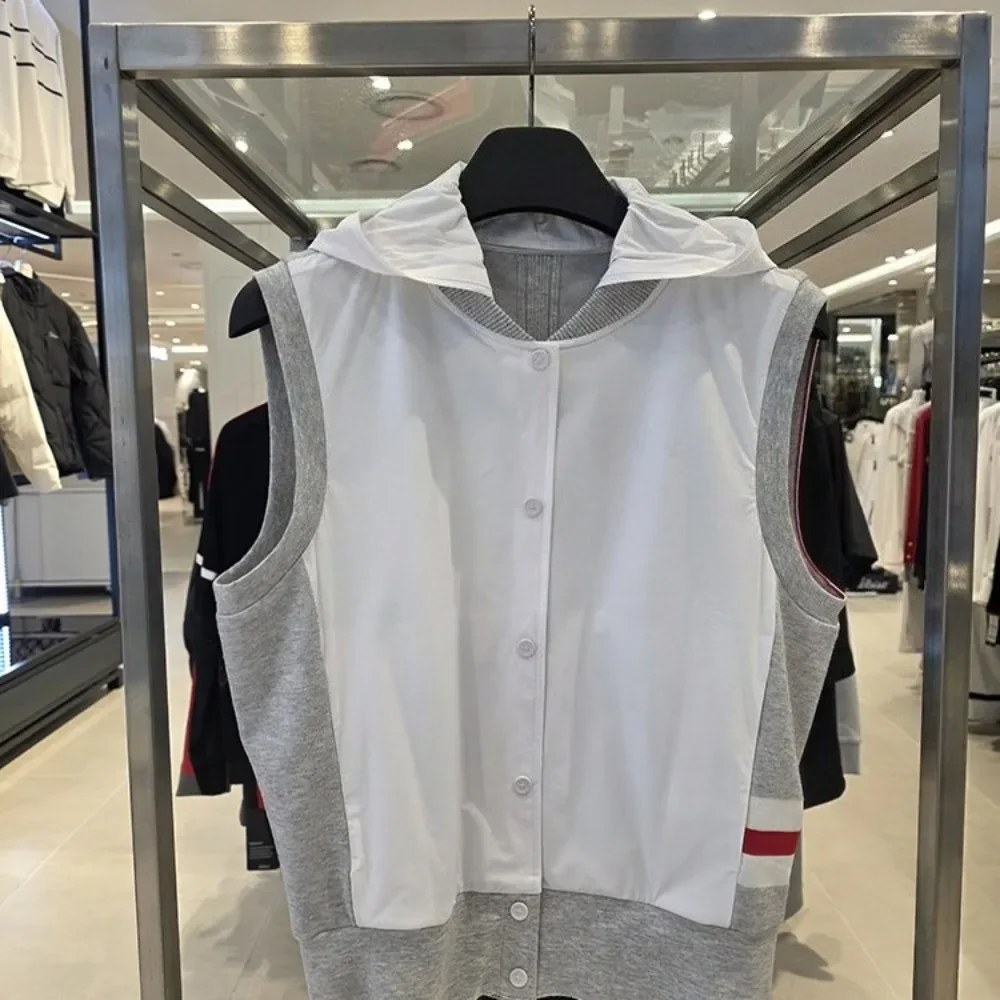 Women's Golf Hooded Zip-Up Vest 2026 Fall New Korean Style Knit Cotton Blend Color Block Drawstring Waist Breathable Outdoor