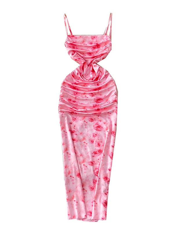 Romantico rosa rosa Strapl Dr Gonna Gored estiva da donna Ele Vita che impostisce aderente Lungo Dr coreano Sle a vita alta