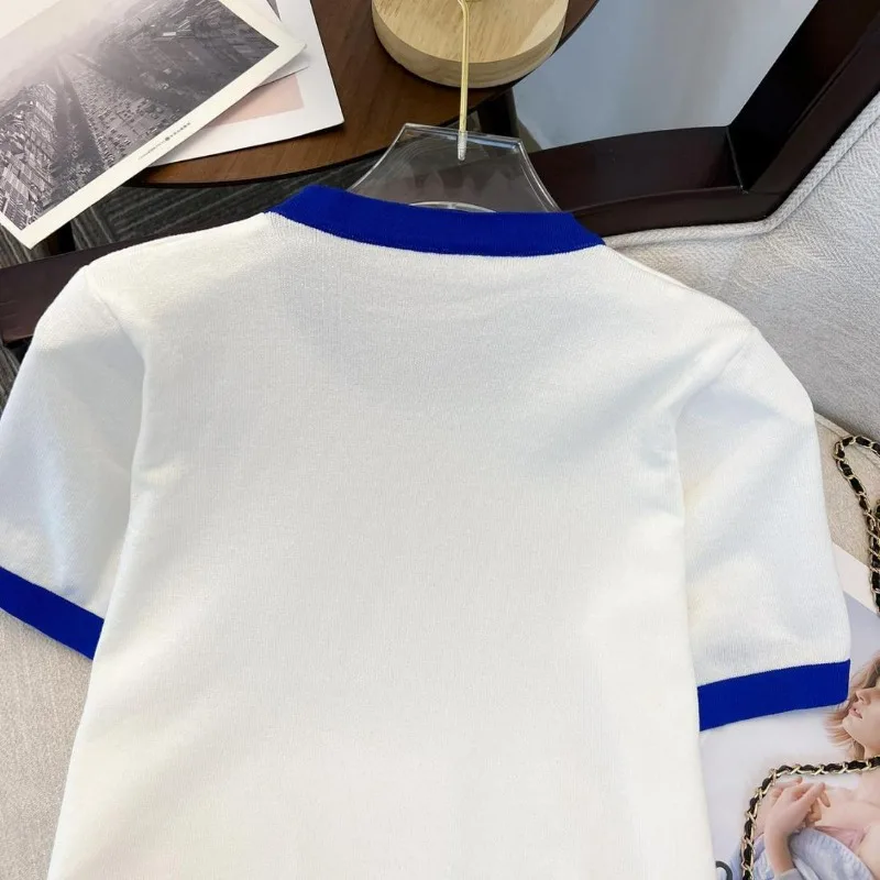 Women Stylish Casual Contrast Color Rhinestone Ice Silk Knitted T-shirt Summer Elegant Chic O Neck Short Sleeve Loose Basic Tops