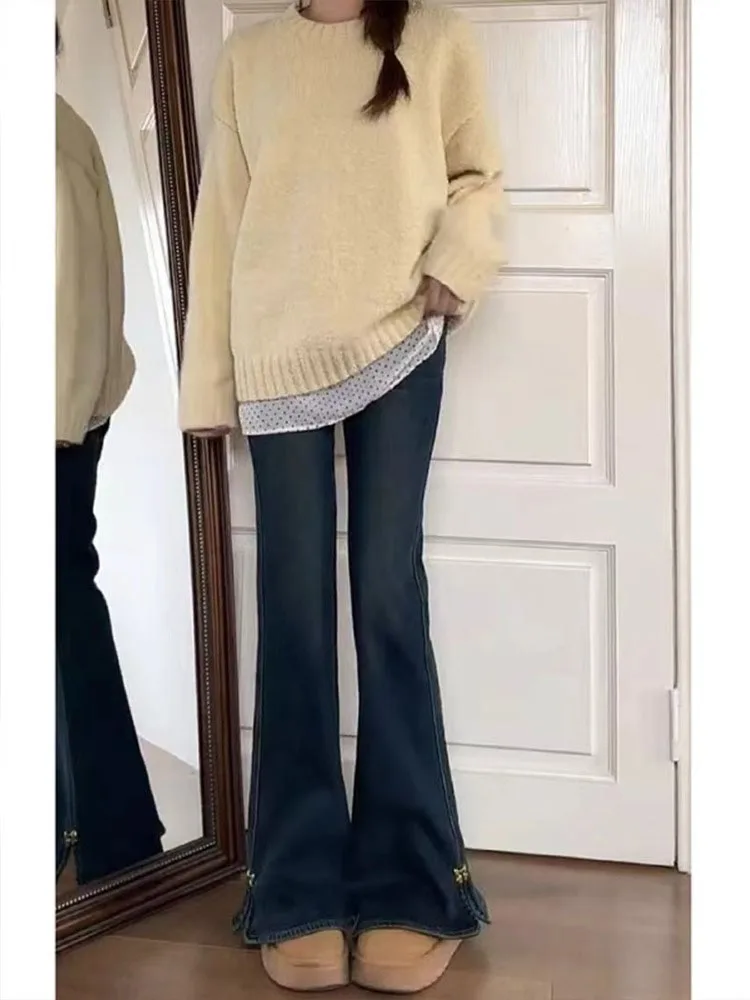 حجم كبير ارتفاع الخصر جرس بوت الجينز المرأة بسط فضفاض صالح الدينيم السراويل الخريف جديد Sle عادية Faion بنطلون طويل