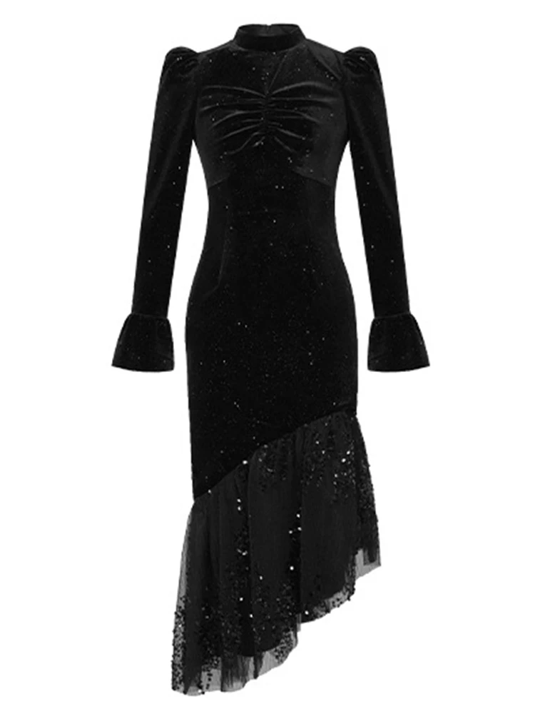 فستان حفلة موسيقية أنيق للمشاهير للنساء أنيق أسود لامع طيات بقماش شفاف وكشكشة ذيل السمكة رداء حفلة غير منتظم فيستدوس ربيعي #3