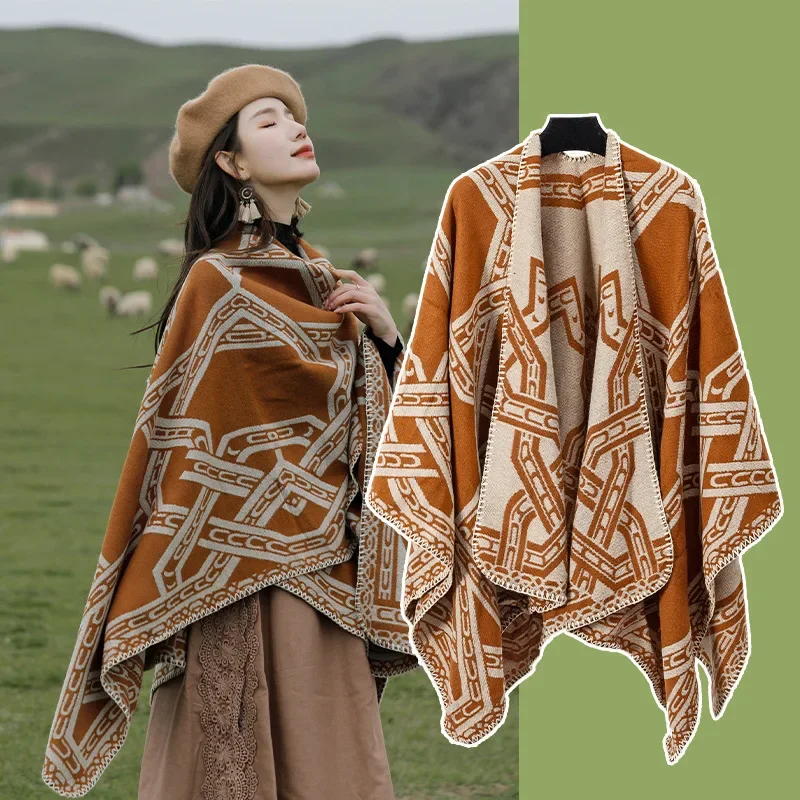 Poncho de Caxemira Imitação para Mulheres, Lenços Femininos, Xales Quentes, Envoltórios Foulard, Capas Poncho, Moda Inverno