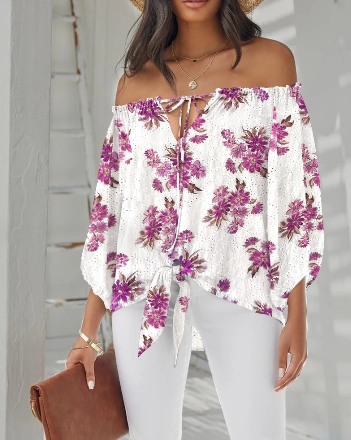 

Women's Elegant and Sweet Shirt 2025 Floral Print Off Shoulder Eyelet Embroidery Blouse Three Quarter Sleeve Tied Detail Top