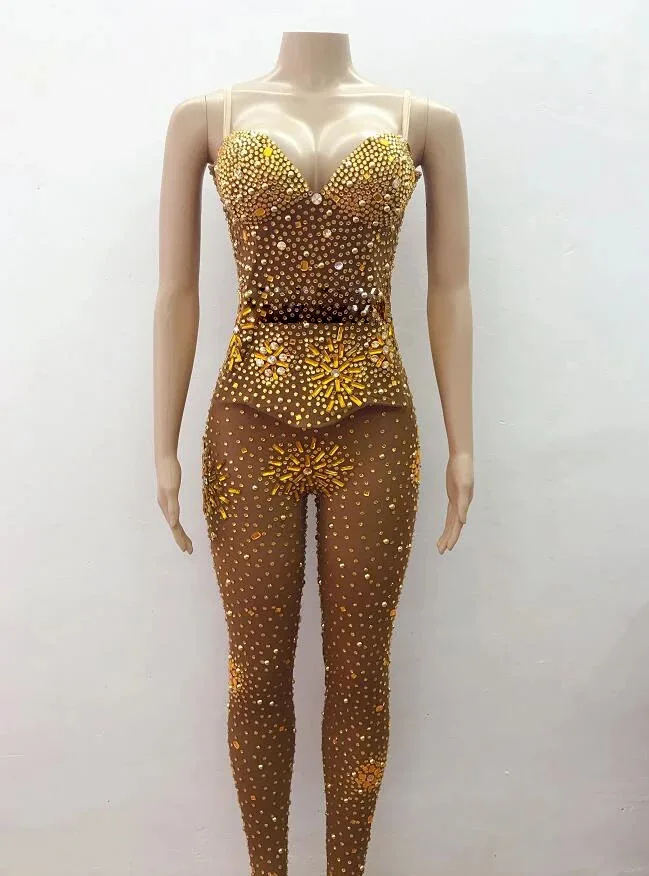 Club Singer Nightclub Dance Show Bodysuit Show Rhinestones Birthday Celebrate Outfit Mesh Luxury Party See Through Jumpsuit
