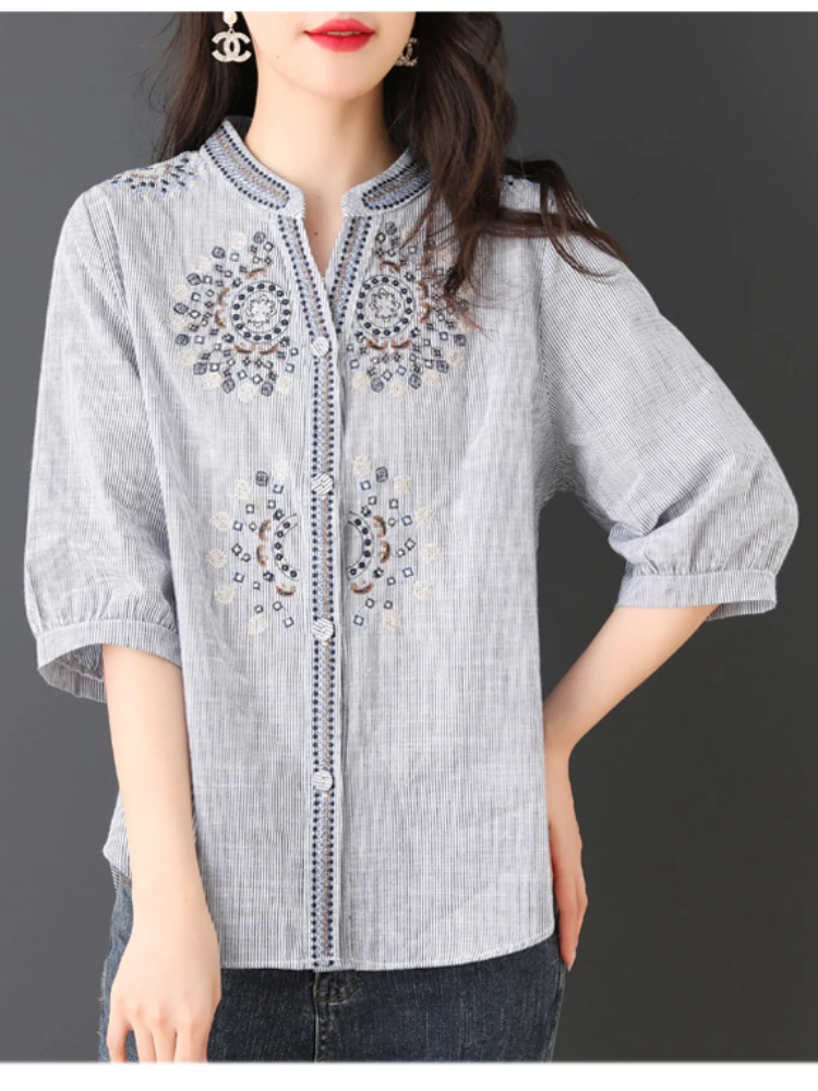 Vintage Women\'s Shirts Summer 2023 New Embroidery Chinese Style Blouses Loose Short Sleeve Cotton Linen Top Clothing