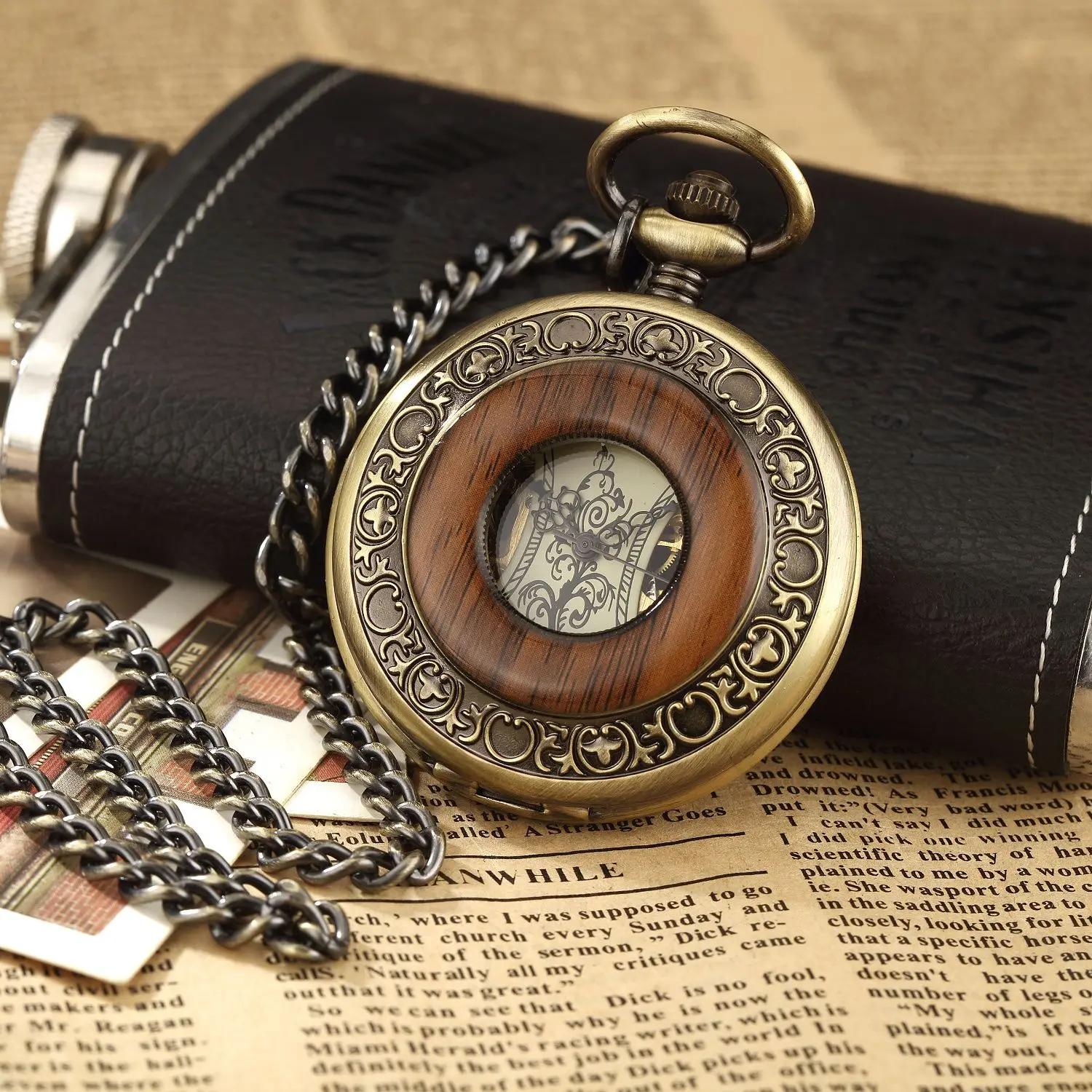 New Vintage Wood Circle Bronze Alloy Steampunk Skeleton Hand Winding Mechanical Pocket Watch Roman Numerals  Chain Clock Pendant