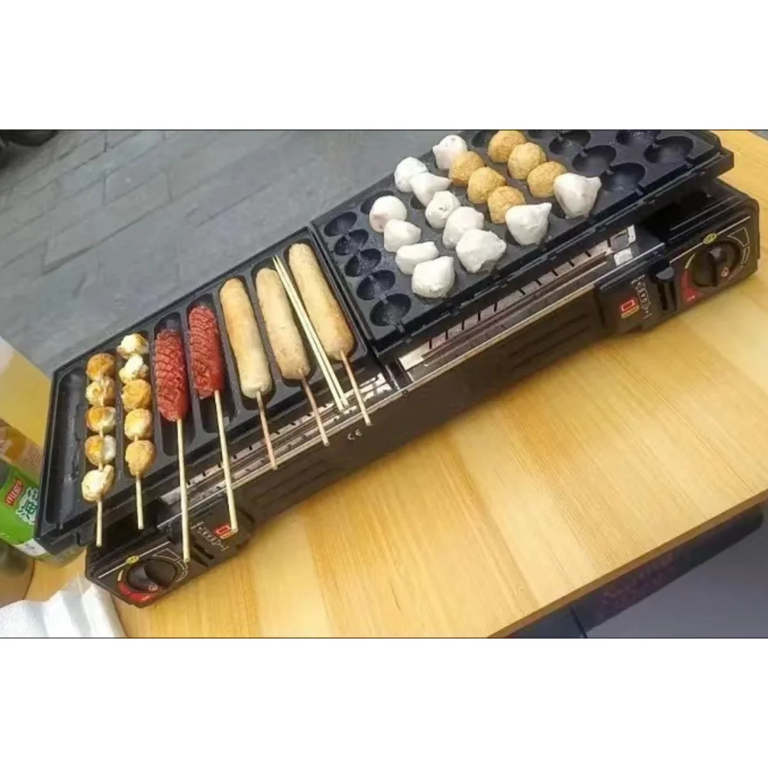 

Портативная газовая плита 2-в-1, гриль-барбекю с двойной горелкой, сковорода и ящик для хранения, идеально подходит для кемпинга и вечеринки в саду