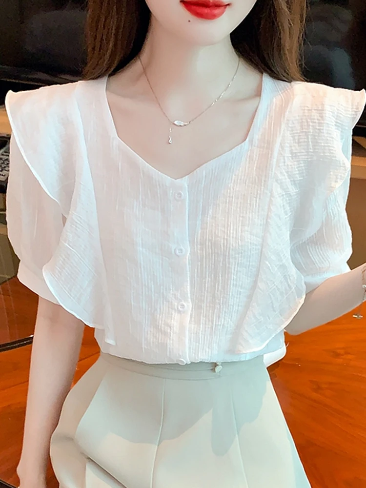 

Summer New White Chiffon Blouse Shirt Women Tops Blusas Mujer De Moda 2024 Verano Short Sleeve Ruffles V-Neck Blouse Women G499