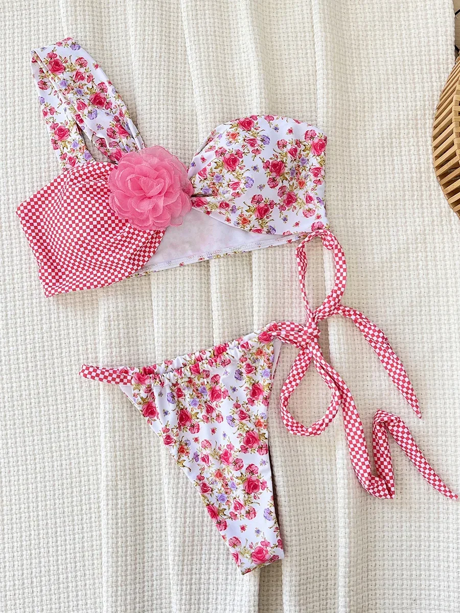 Bikini de corte alto con un hombro y flores en 3D para mujer, traje de baño femenino, conjunto de Bikini de dos piezas, traje de baño con Tanga