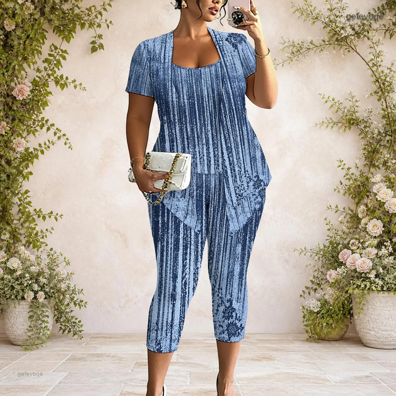 Printed Pants Set for Women Short Sleeve Open Front Cardigan Tank Top Capri Pants Three Piece