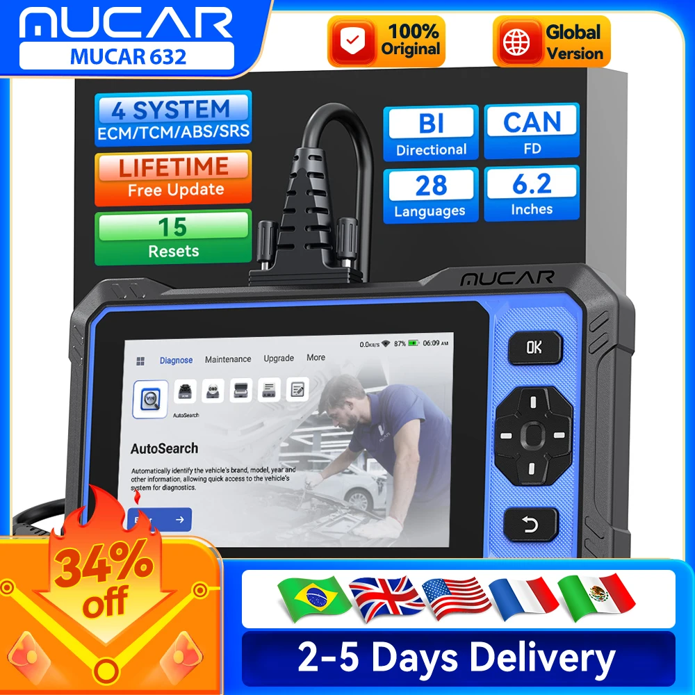 

Диагностический сканер MUCAR 632 OBD2 с пожизненным бесплатным обновлением, двунаправленным управлением, поддержкой протокола CANFD, диагностикой 4 систем, 15 функциями сброса.