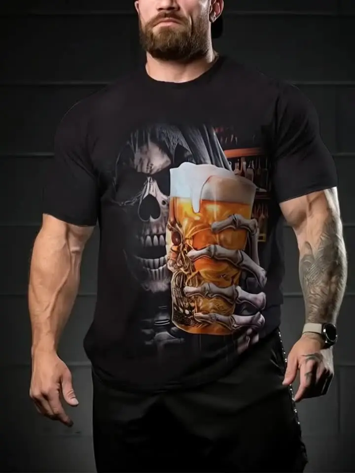 Men's Halloween 3D Skull Print T-Shirt – Casual Quick-Dry Athletic Top (Surprise 5-Pack)