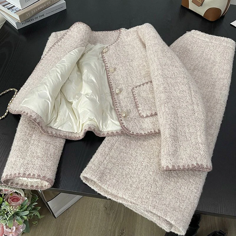 Stylish French Elegant Two Piece Skirt Set Socialite Down Jacket Luxurious and Gentle Two-piece Skirt Set With High Waist Skirt