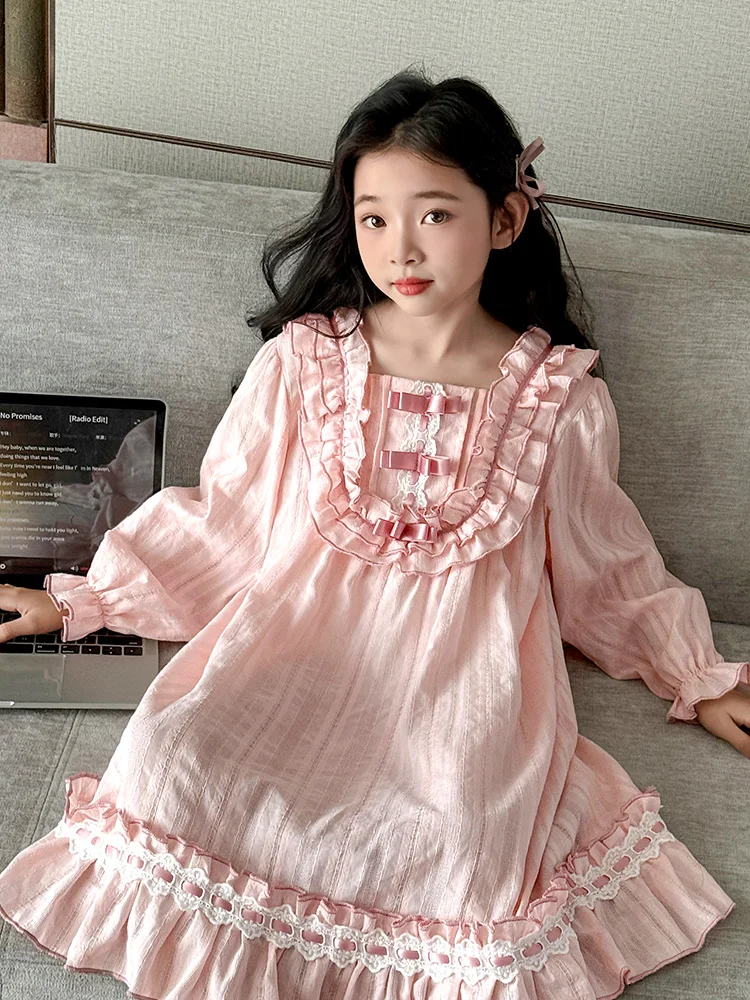 Princess Style Long Sleeve Cotton Sleep Dress for Girls Children's Home Clothes Spring Autumn Pure Cotton Comfortable Skirt