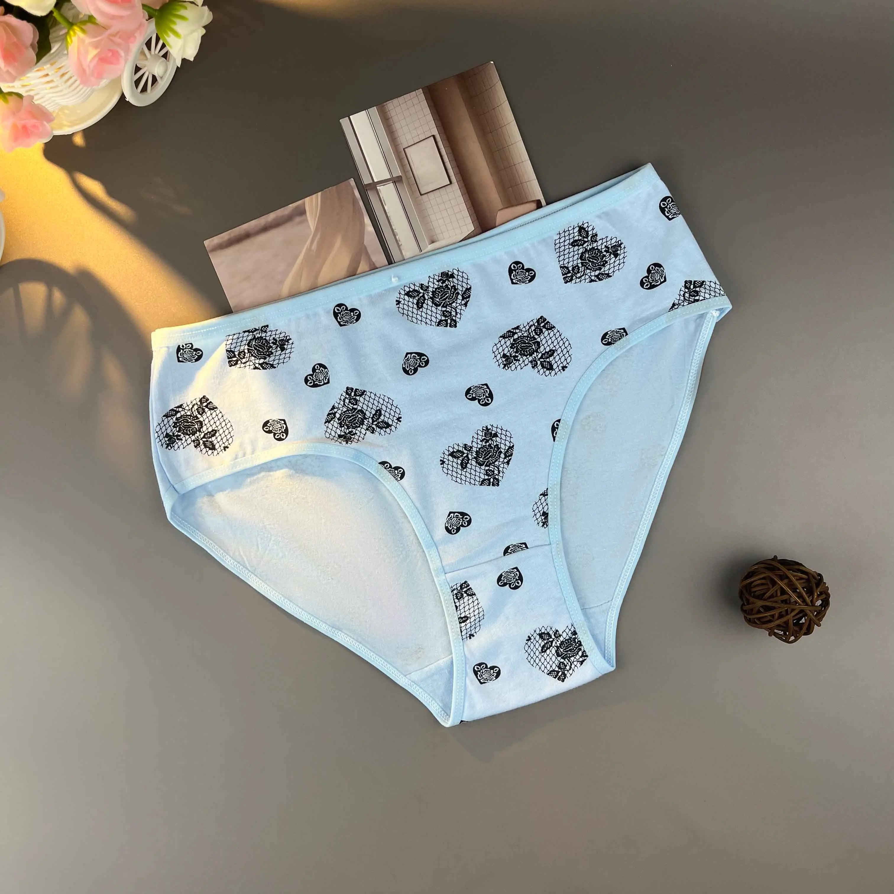 9팩 하트 꽃무늬, 소프트, 미드라이즈 트라이앵글 레이디 속옷, 6가지 모듬 색상 여성용 팬티 팬티, 여성용 란제리