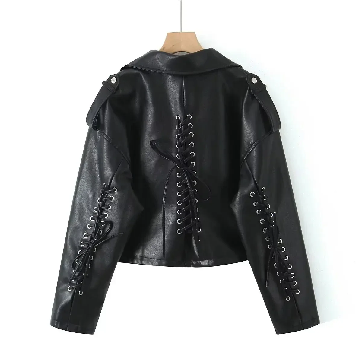 Vintage Bomber Jacket Women Lace Up PU Leather Motorcycle Jacket Streewear Biker Coat Spring Autumn Women Clothing Jaqueta