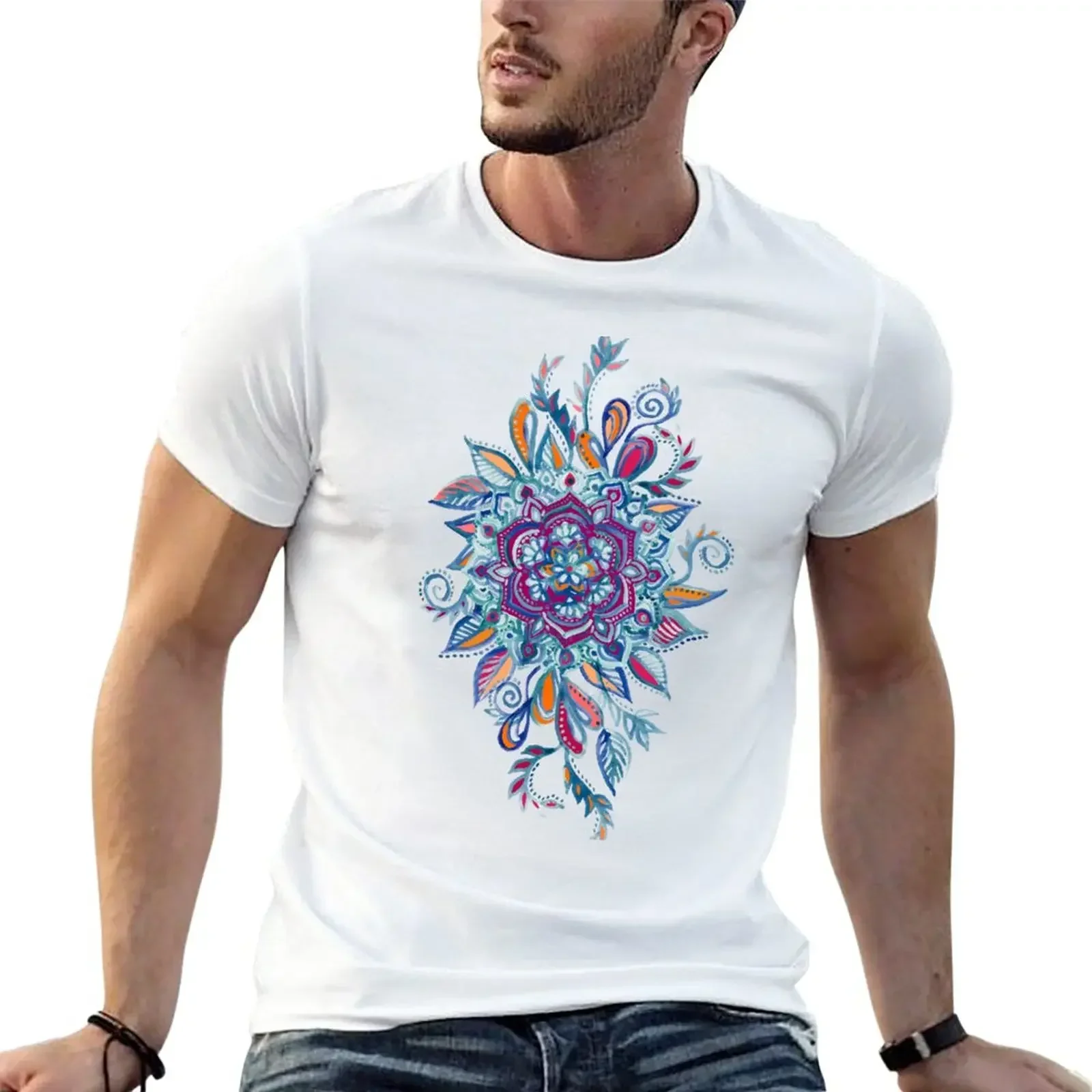 Deep Summer Watercolor Floral Medallion T-Shirt  summer clothes aesthetic Round Neck clothes T-shirts for men cotton heavyweight