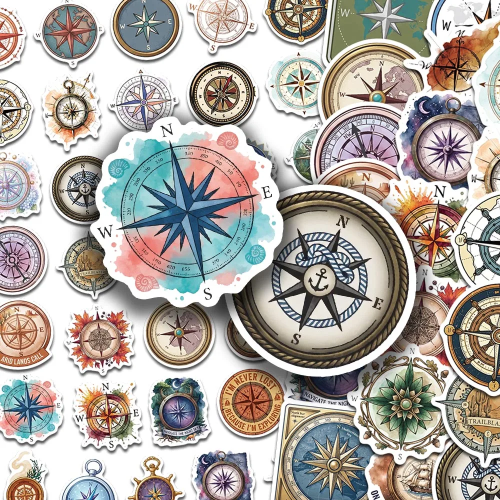50pcs Vintage Maritime Compass Stickers Retro Nautical Adventure World Map Decals for Laptop Luggage Scrapbook Journal & DIY