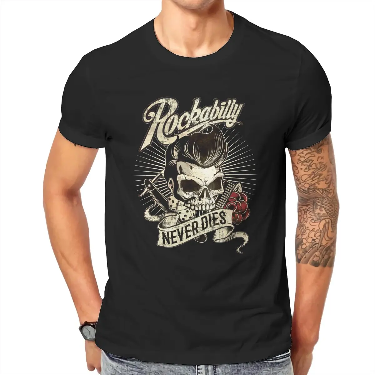 Men\'s T-Shirt Rockabilly Never Dies  Fun Cotton Tees Short Sleeve Biker 50 Rolling Greaser Topseller T Shirt Clothes New Arrival