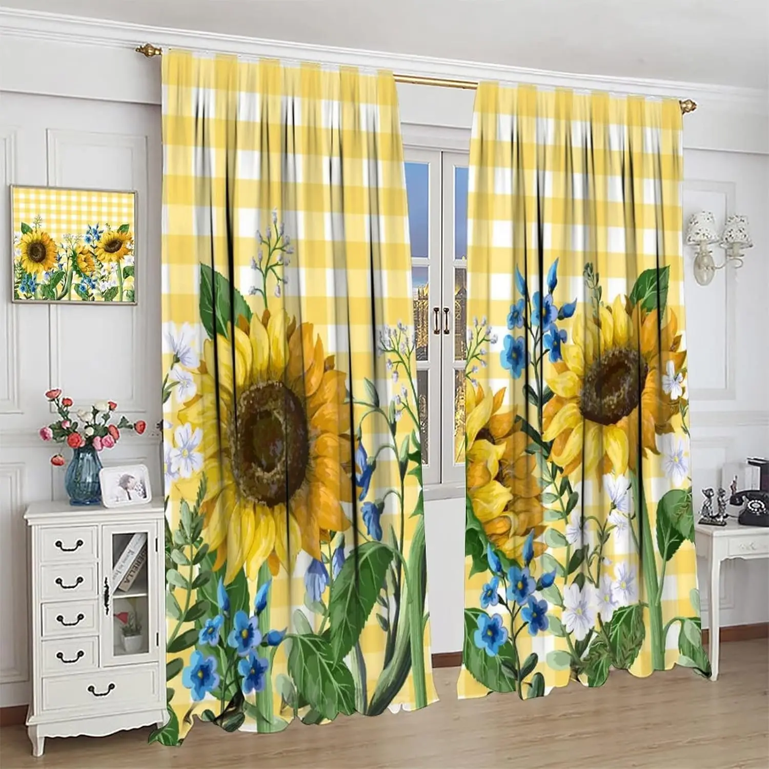 Sunflower Blackout Curtains Spring Beautiful Floral Bright Yellow White Buffalo Check Plaid Colorful Rustic Art Print for Living