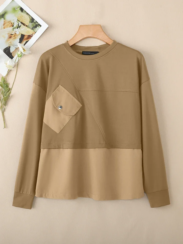 Solid Long Sleeve Sweatshirts Autumn Women Hoodies ZANZEA 2025 Fashion O-Neck Casual Loose Pullovers Patchwork Pockets Outwears - Image 4