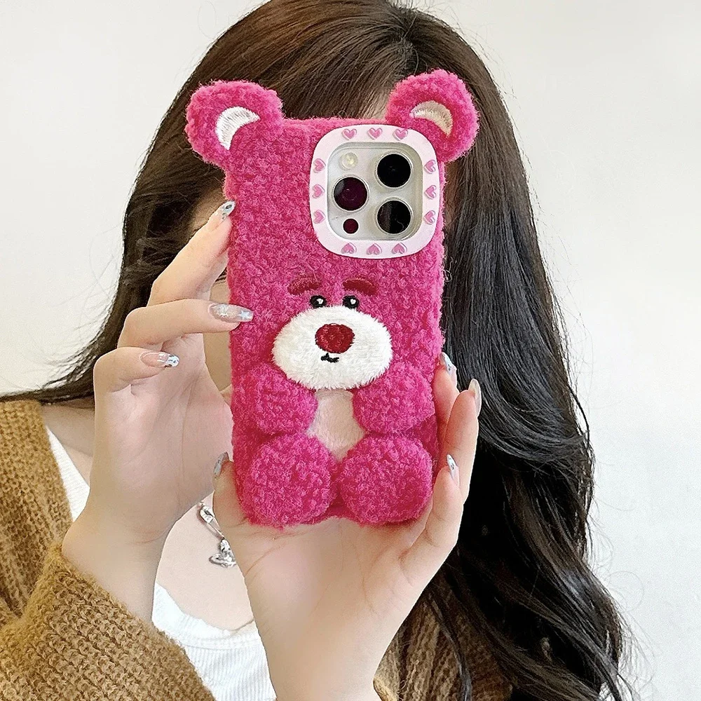 Cartoon Stereoscopic Pink Toy Story Lotso‌ Plush Phone Case for IPhone 16 15 14 13 12 11 Pro Max Drop-resistant Back Cover Gift