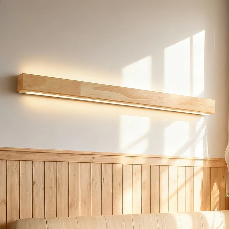Japanese Style Long Solid Wood Wall Lamp, Nordic Full Spectrum Household Lighting Fixture for Bedroom Bedside Living Room
