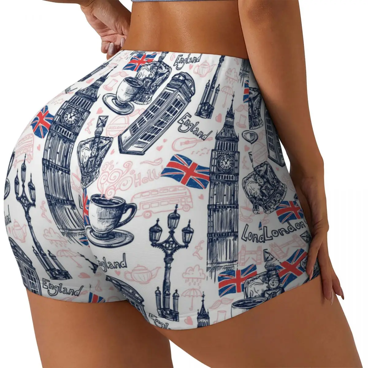 Print Workout Shorts for Women England London Design Short Gym Yoga Running Sport Active Exercise Fitness Shorts