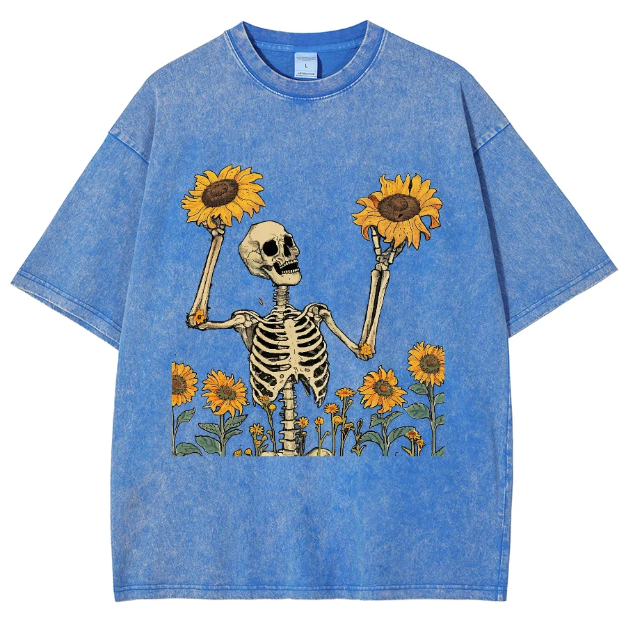 Skull Sunflower Print Fashion Design t-shirt Teen Student oversize allentato manica corta High Street Hip Hop Top estate 2024