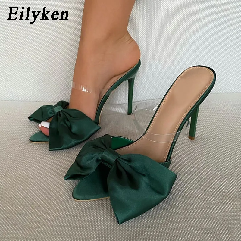 Eilyken Fashion Design Butterfly-Knot Women Slippers PVC Transparent Pointed Toe Stiletto High Heels Shoes Green Sandals