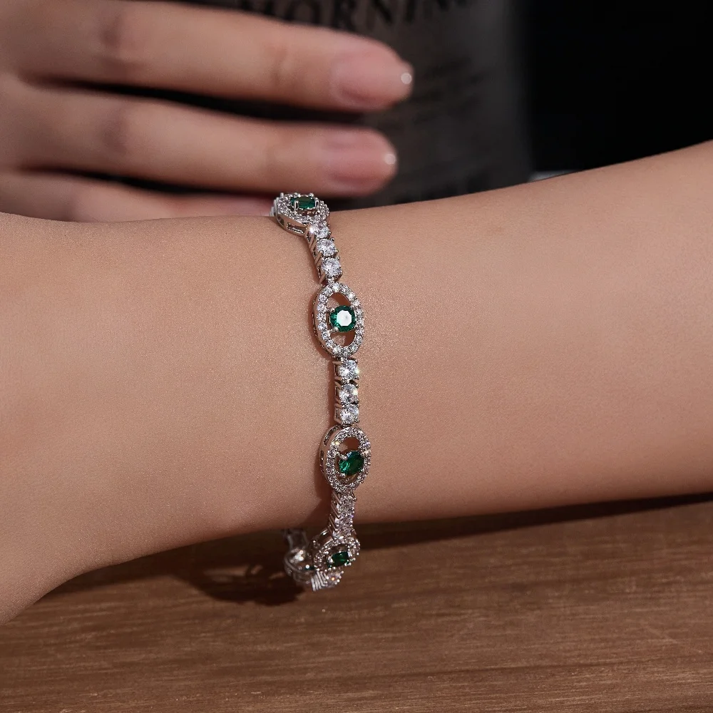 

High Quality Fine Jewelry Elegant Sliver Plated Bracelet Green Evil eyes Zircon Bracelets