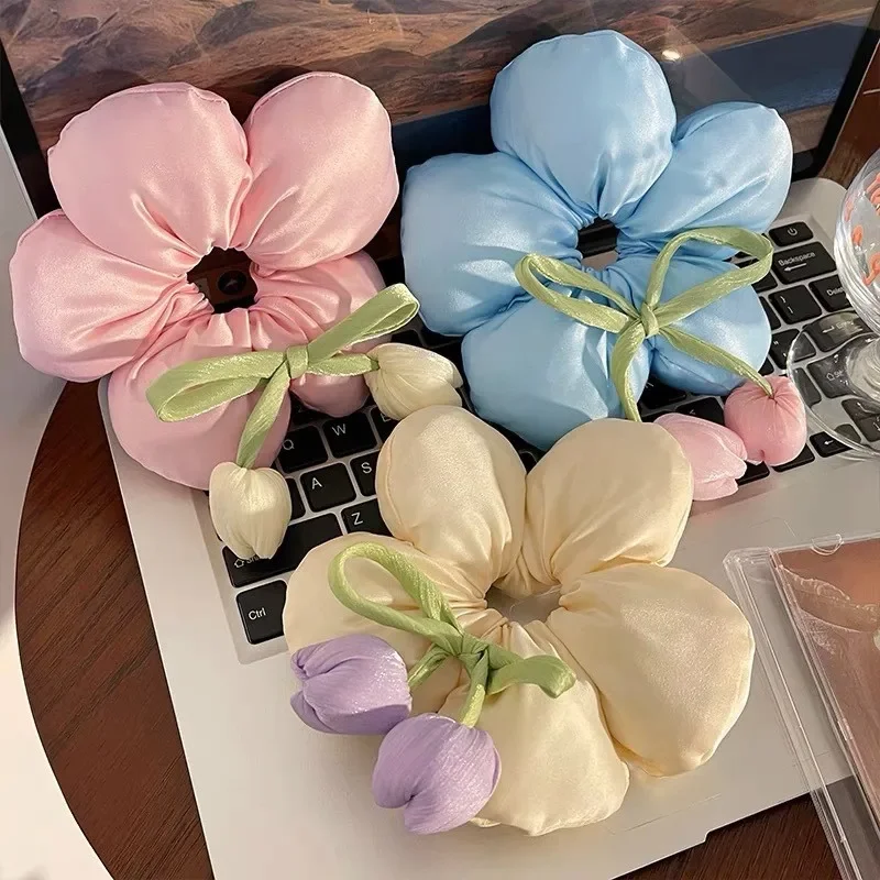 

Girl Fabric Big Flower Hair Rope Female Fashion Bow Fresh Style Tulip Hair Ring Cute Girl No Damage Hair Ring