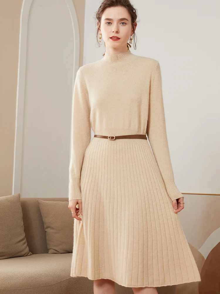 

New Women 100% Cashmere Dresses Mock Neck Waist Cinching Dresses Autumn Winter Office Lady Grace Luxury Soft Cashmere Knitwear
