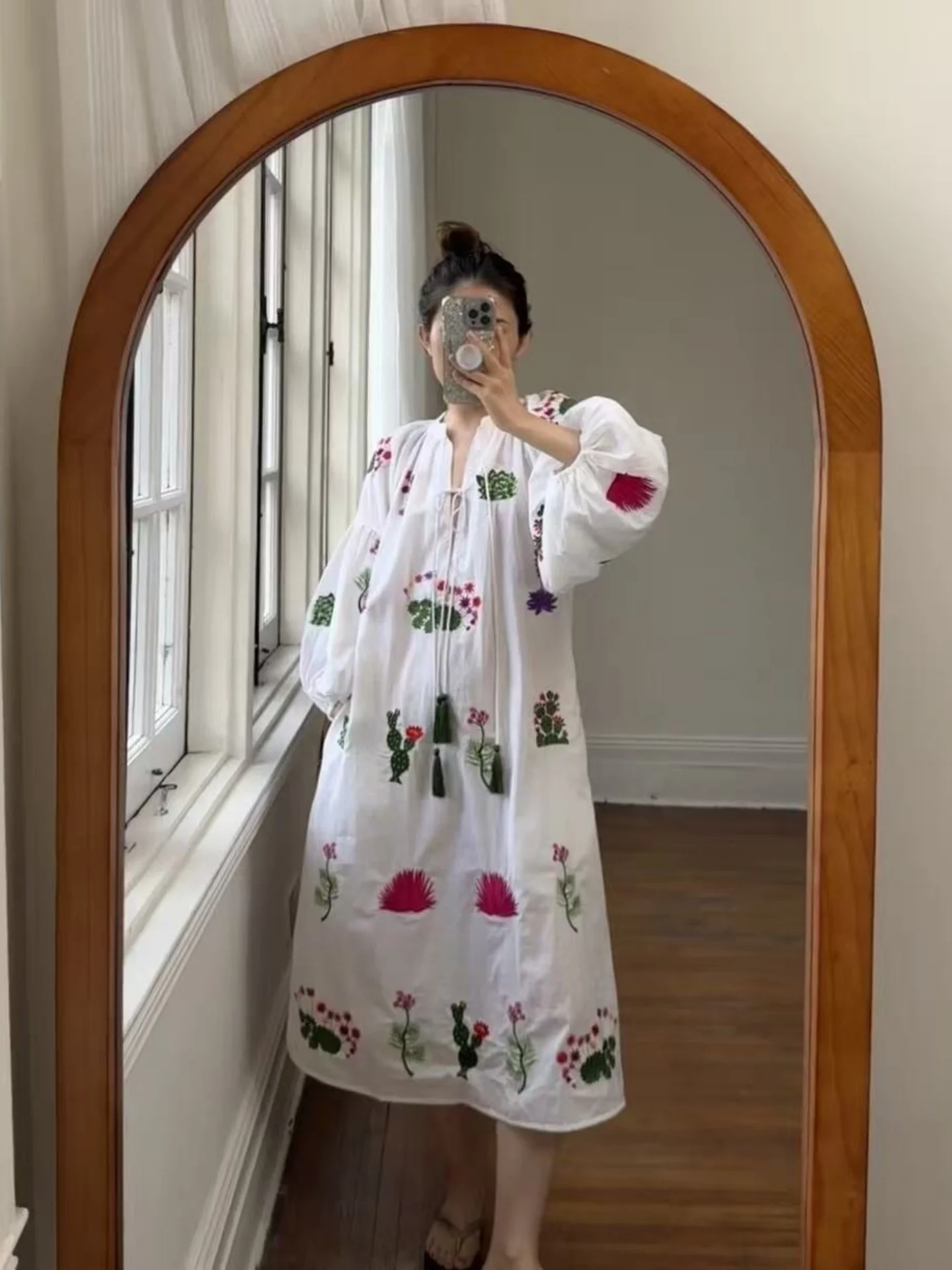 

Paris Stell Cactus Pattern Embroidery Tassel Loose Lantern Sve Midi Dr Women's Casual Sle Loose Waist Long Sve