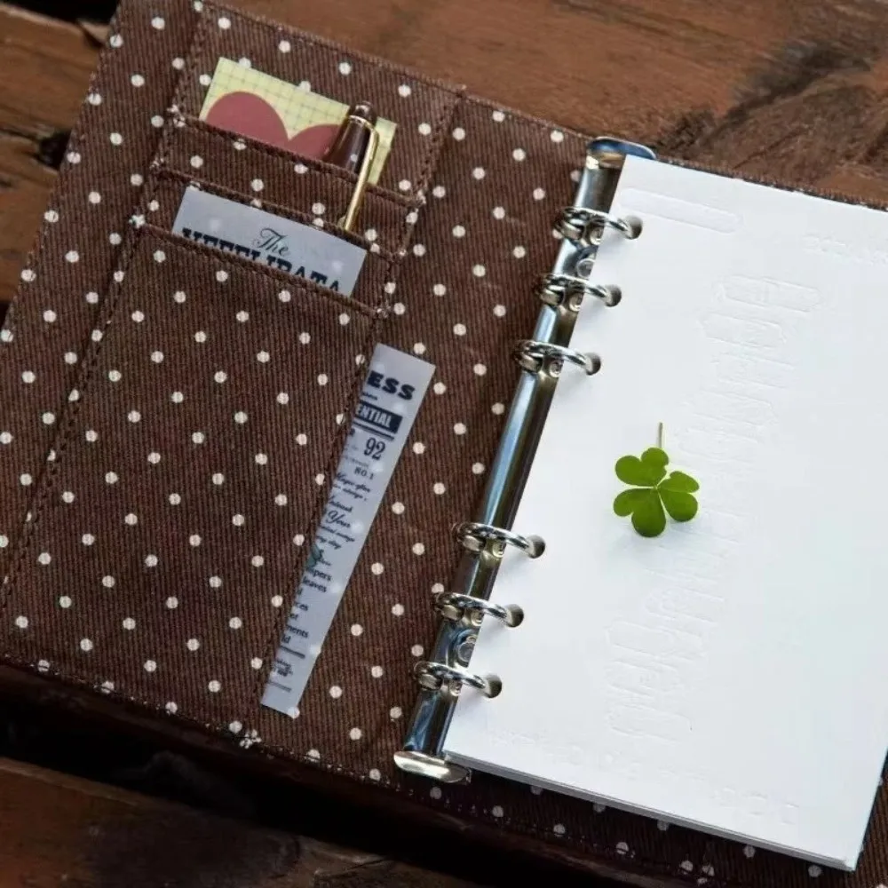 DIY Polka Dot A7 Notebook Denim Fabric Snap Button Loose-Leaf Notebook Cover Card Pocket Loose Leaf Journal Binder Cover